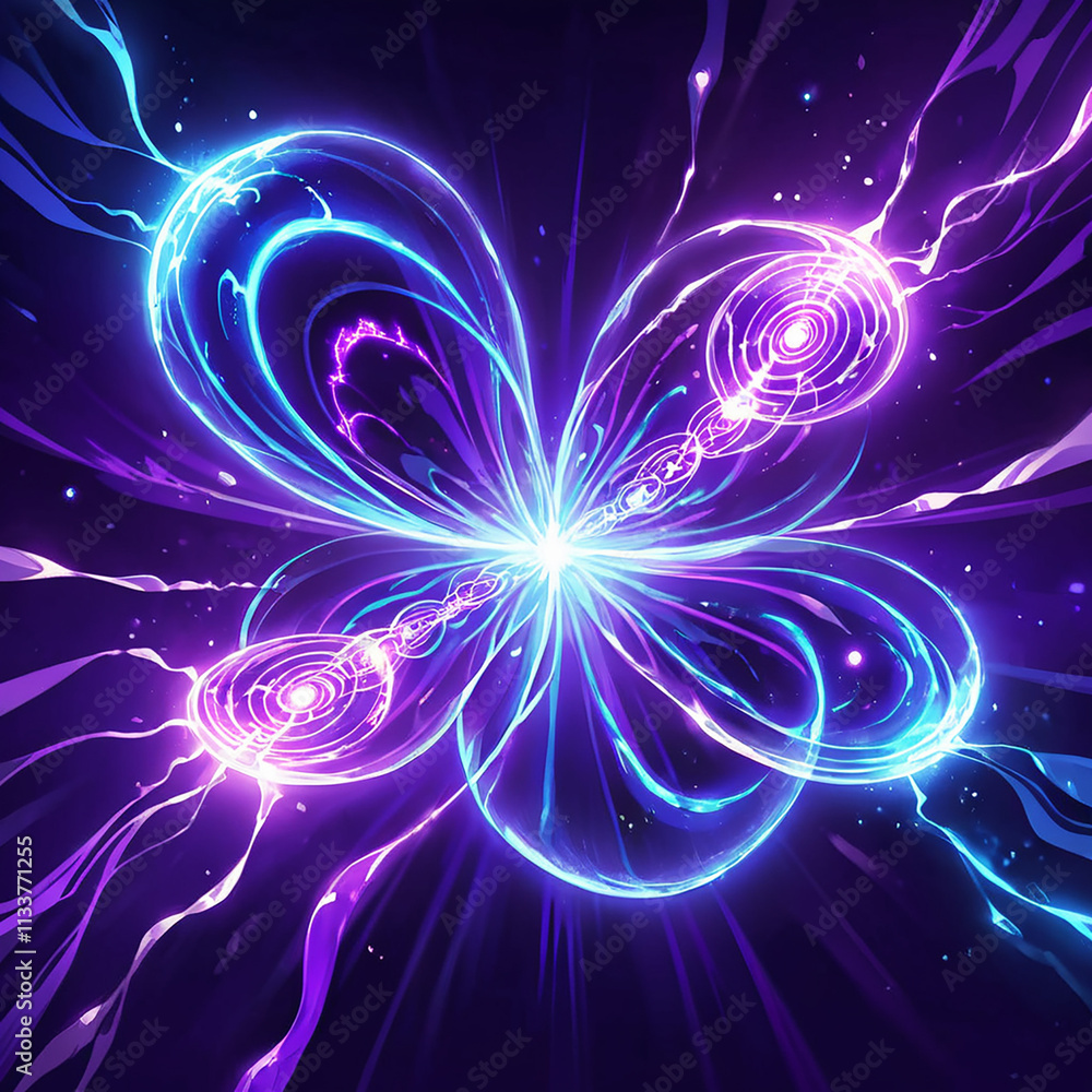 A digital illustration depicts an abstract glowing neon butterfly with translucent wings, purple and blue energy swirling around a central bright light source.