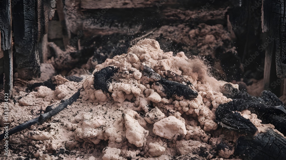 Medium shot of ash pile with blackened wood in burnt structure Medium shot of ash pile with blackened wood in burnt structure