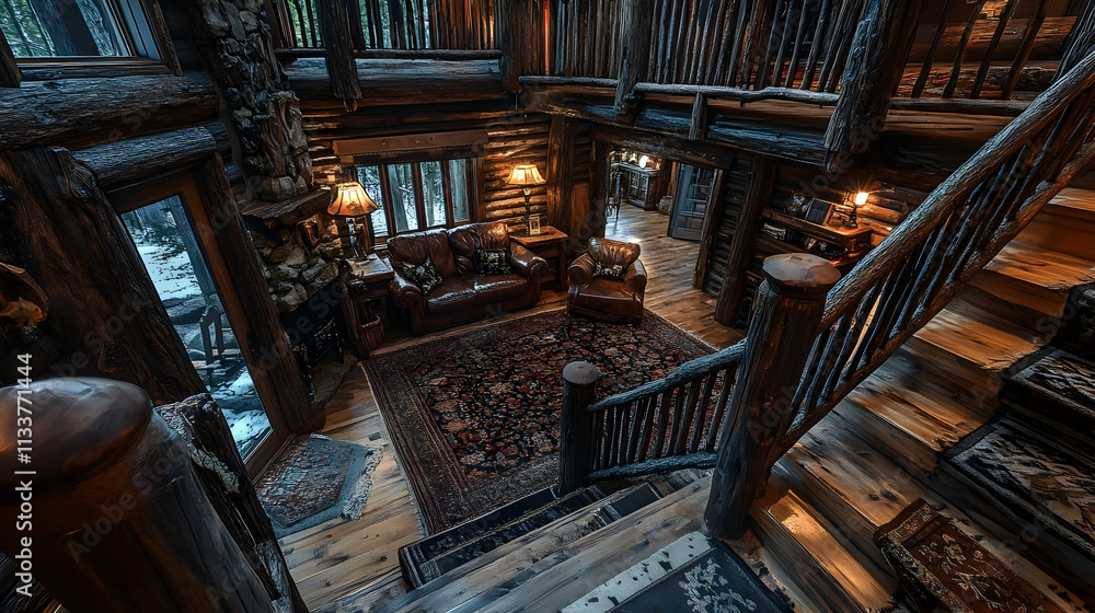 Cozy log cabin interior with rustic decor and warm lighting. Cozy log cabin interior with rustic decor and warm lighting.