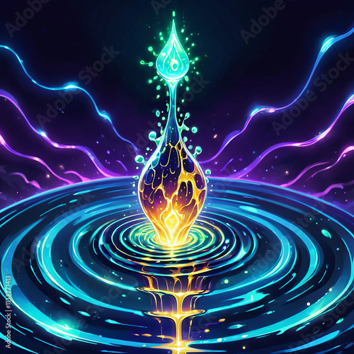 A glowing blue liquid drop falls into a pool of water, creating vibrant ripples. The drops core is a bright yellow flame, and the background is a swirling sea of purple and blue nebulae.