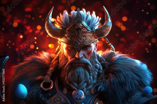 Majestic portrait of a Viking warrior with horned helmet and braided beard in dramatic lighting photo