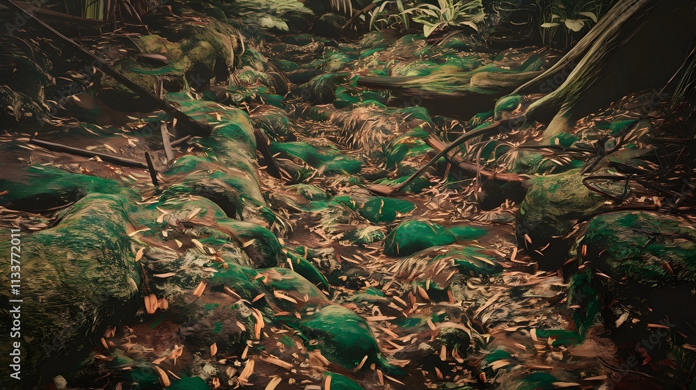 Obraz premium Forest floor covered in moss, leaves, and tree trunks