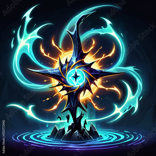 A stylized depiction of a celestial starburst with a swirling vortex of magical energy, emanating a blue and yellow glow. The starburst rests on a small rocky island in a pool of glowing water.