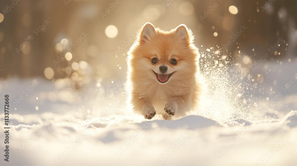 Obraz premium Pomeranian puppy joyfully running through snow on a sunny winter day