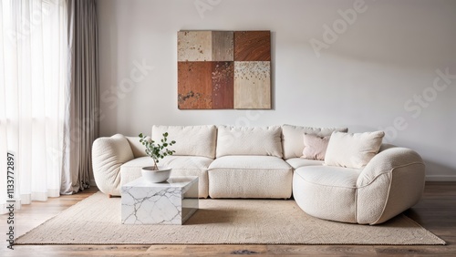 Generative AI, Contemporary living room with textured sofa and neutral tones photo