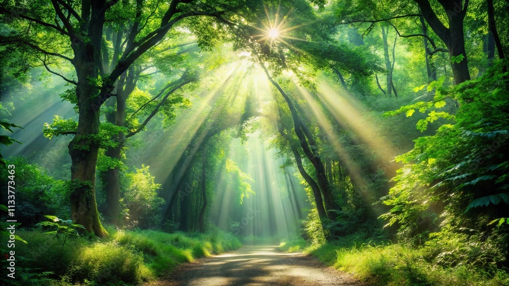 Fototapeta premium Sunlit Path Through a Lush, Verdant Forest Canopy