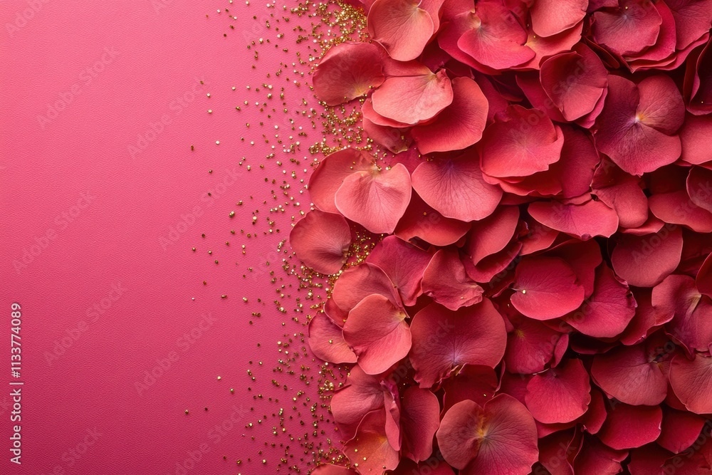 Red Rose Petals with Gold Glitter on Pink Background Red Rose Petals with Gold Glitter on Pink Background