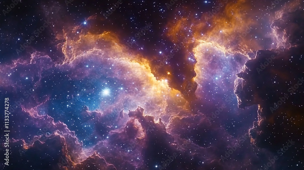 Fototapeta premium A vibrant cosmic nebula filled with stars and colorful gases.