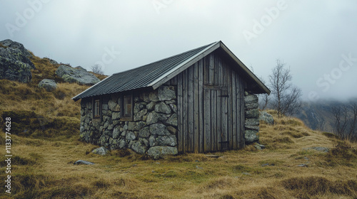 Rustic wooden cabin nestled among rocky hills on a foggy day in the countryside