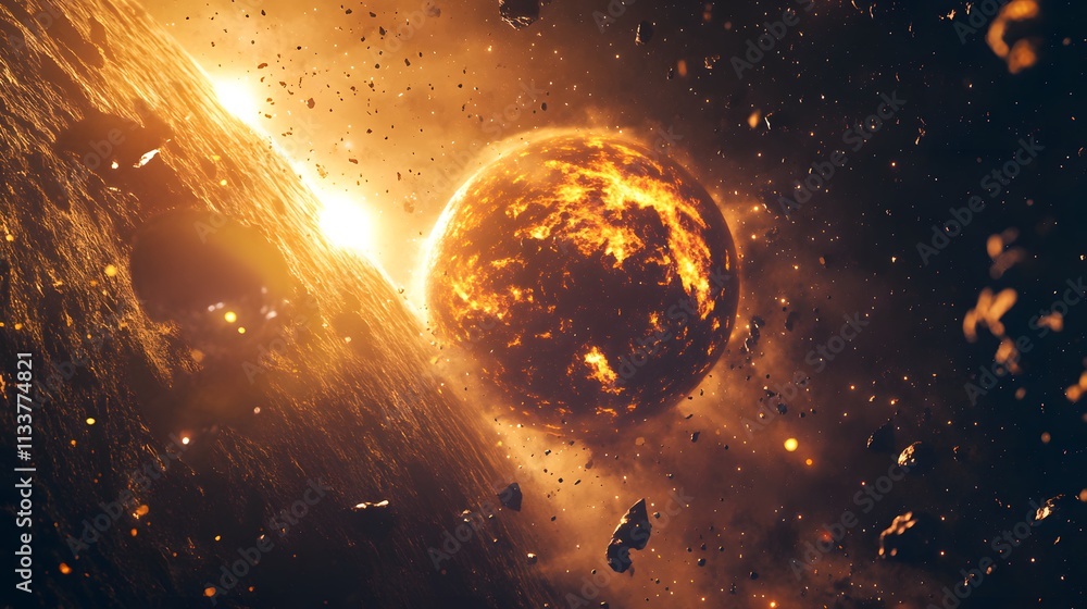 Fototapeta premium Fiery Planet Destruction Cosmic Debris Field
