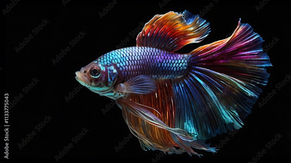 Fototapeta premium Vibrant Exotic Betta Fish with Flowing Fins on Black Background