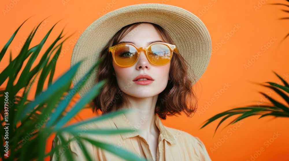 Woman wearing a straw hat and yellow sunglasses Woman wearing a straw hat and yellow sunglasses