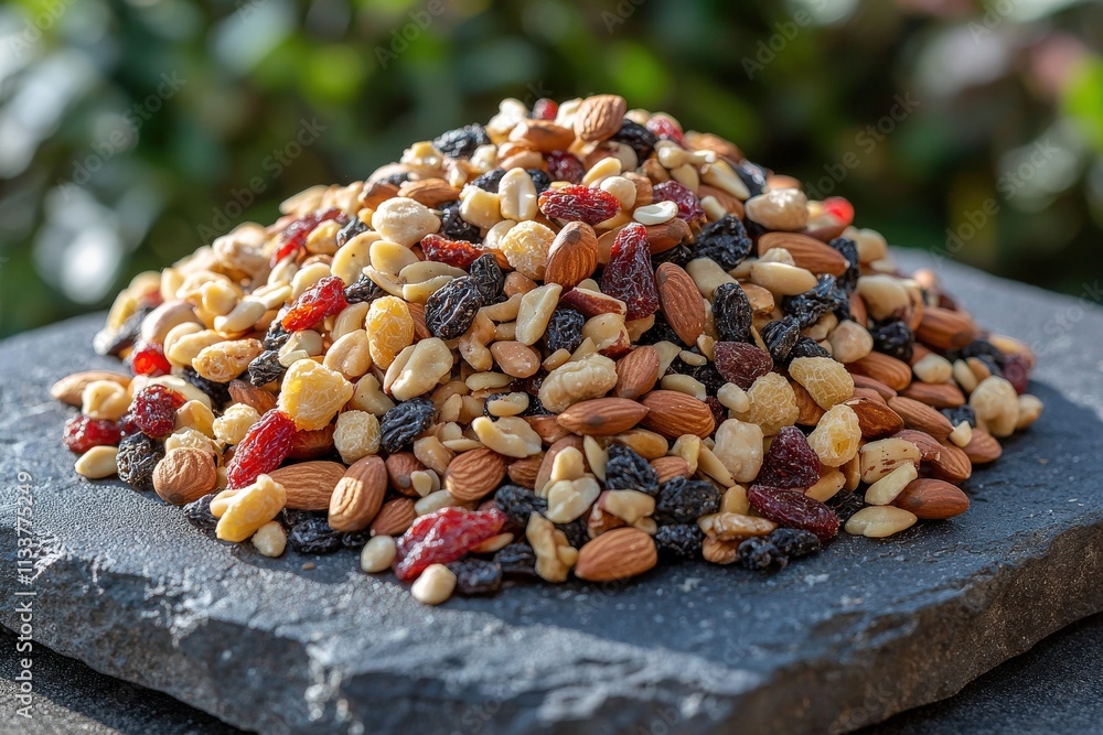 A delectable mix of almonds, cashews, peanuts, raisins, and dried cranberries, creating a healthy and visually appealing snack or trail mix. A delectable mix of almonds, cashews, peanuts, raisins, and dried cranberries, creating a healthy and visually appealing snack or trail mix.