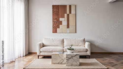 Generative AI, Contemporary living room with textured sofa and neutral tones photo