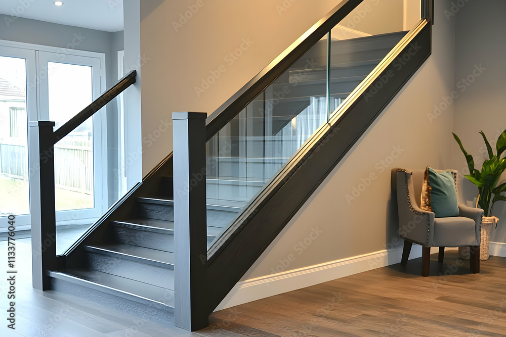 Obraz premium Modern staircase with glass railing in a well-lit interior space.