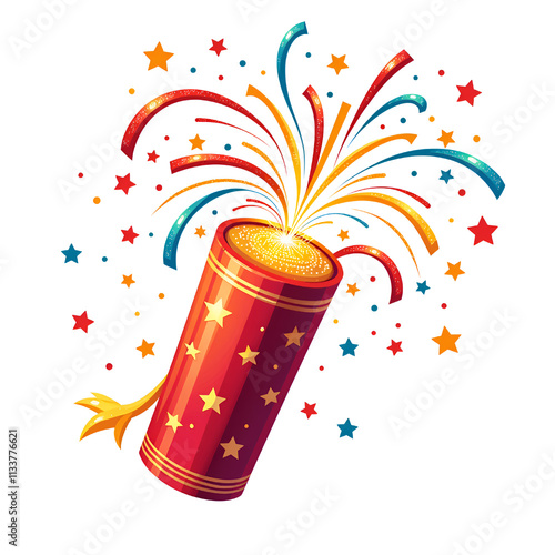 Vibrant firecracker with colorful sparks and stars for celebration themes, digital artwork of festivity concept.