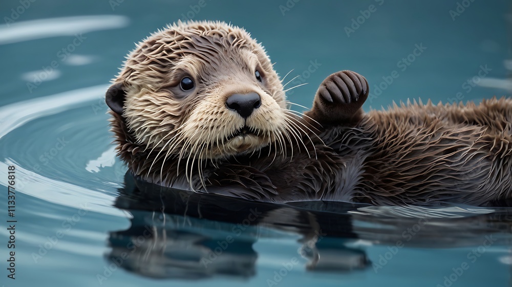 Adorable Baby Sea Otter Floating on Calm Blue Water Adorable Baby Sea Otter Floating on Calm Blue Water