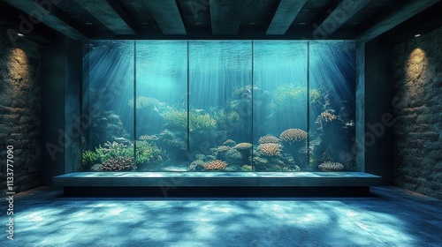Underwater coral reef scene viewed through a large window in a modern, dimly lit room with a concrete bench.