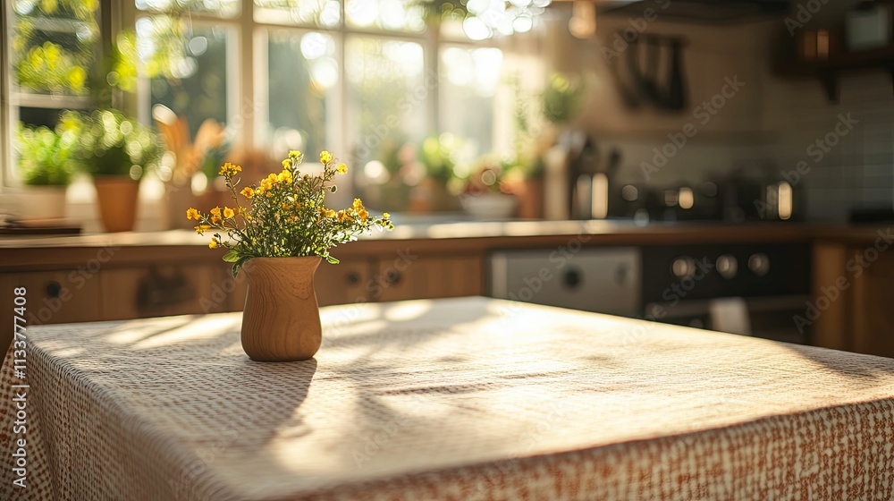 Sunlit Kitchen Table With Yellow Flowers In Vase Sunlit Kitchen Table With Yellow Flowers In Vase