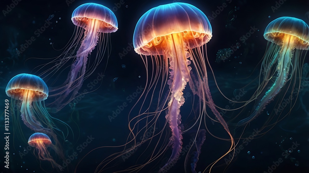 Bioluminescent Jellyfish in Underwater Ocean Scene Bioluminescent Jellyfish in Underwater Ocean Scene