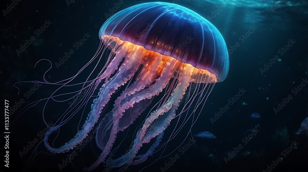 Bioluminescent Jellyfish in Underwater Ocean Scene Bioluminescent Jellyfish in Underwater Ocean Scene