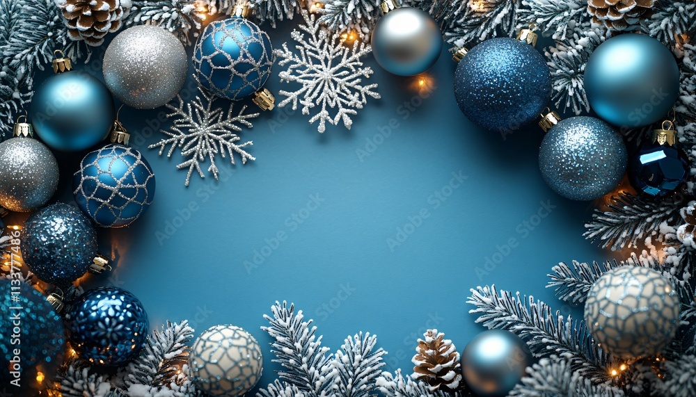 A festive blue Christmas background featuring ornaments and snowflakes, perfect for holiday cards, seasonal promotions, or winter event announcements. A festive blue Christmas background featuring ornaments and snowflakes, perfect for holiday cards, seasonal promotions, or winter event announcements.