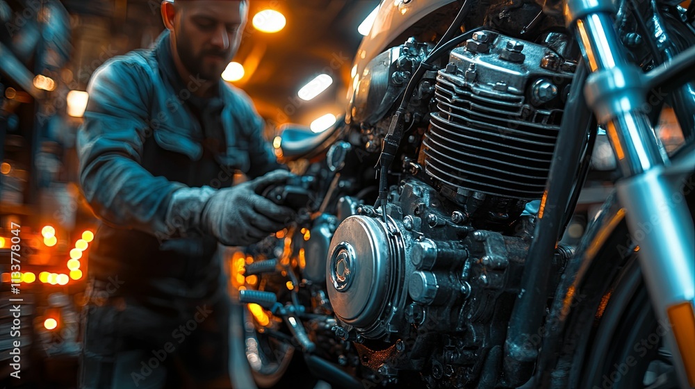 Fototapeta premium Mechanic repairing a motorcycle engine in a workshop