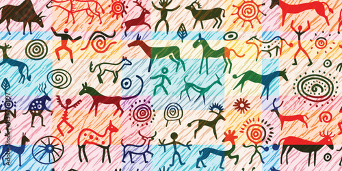 Seamless petroglyph pattern, rock paintings, naive art, vector design	