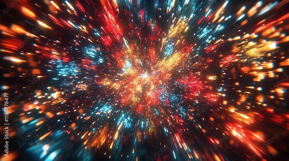 Abstract vibrant explosion of colorful light streaks radiating outward from a central point. Abstract vibrant explosion of colorful light streaks radiating outward from a central point.
