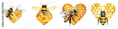 Bees with heart shaped honeycombs create charming and sweet scene, isolated on transparent background. photo