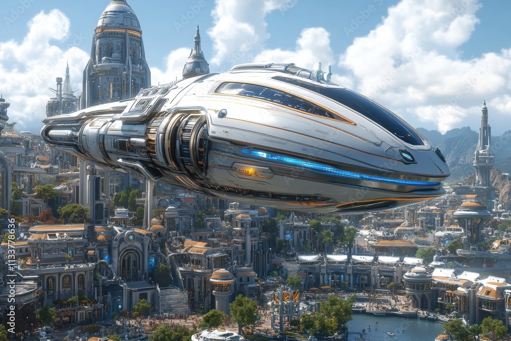 Futuristic Spaceship Over Sci-Fi City Futuristic Spaceship Over Sci-Fi City