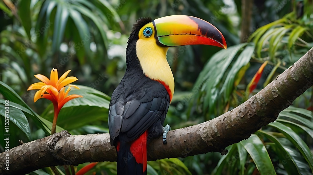 Fototapeta premium Vibrant Toucan Perched on a Branch in a Tropical Rainforest