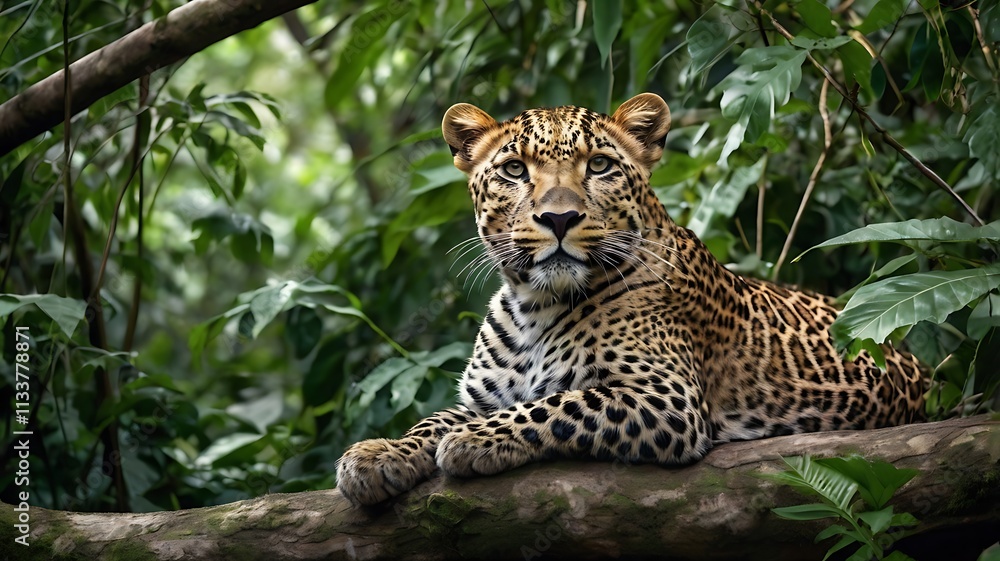 Majestic Leopard Resting on a Mossy Tree Branch in Lush Jungle Majestic Leopard Resting on a Mossy Tree Branch in Lush Jungle