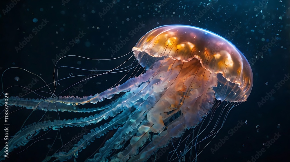 Bioluminescent Jellyfish in Underwater Ocean Scene Bioluminescent Jellyfish in Underwater Ocean Scene