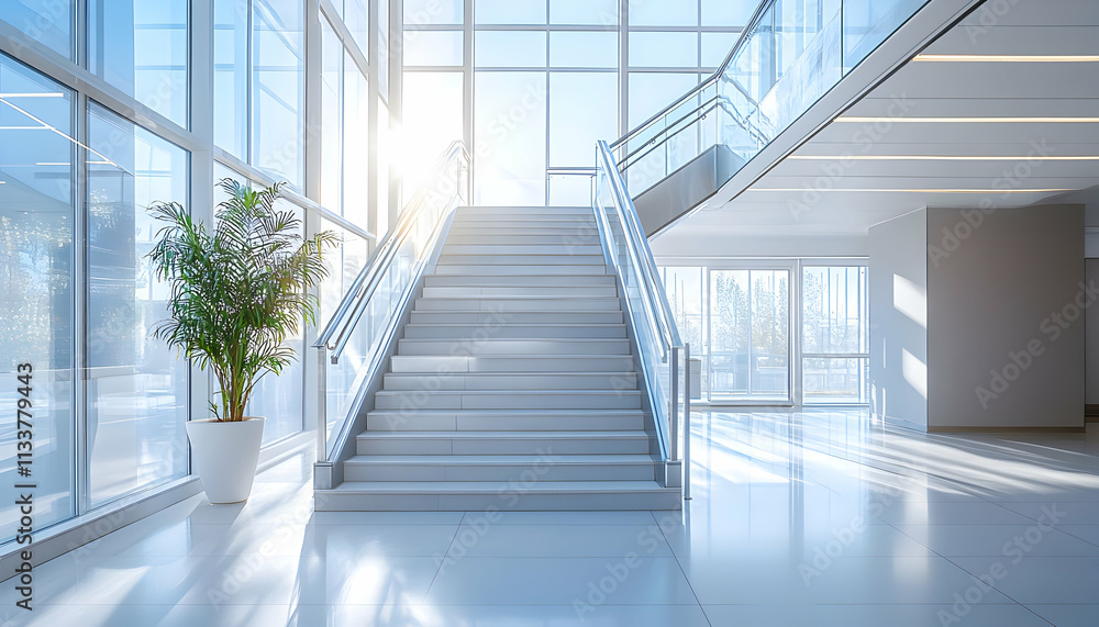 Bright, modern interior with a staircase and large windows, creating an open atmosphere. Bright, modern interior with a staircase and large windows, creating an open atmosphere.