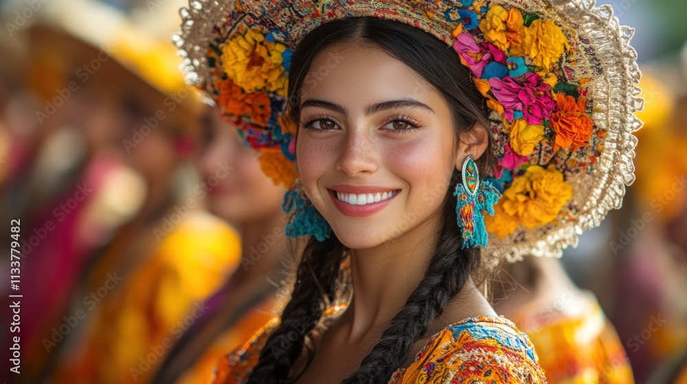 Fototapeta premium Smiling woman, vibrant floral headdress, braids.
