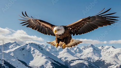 Bald Eagle in Midflight over Snow-Capped Mountain Range - Majestic Wildlife Scene