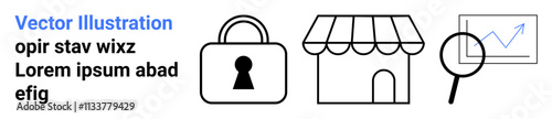 Lock symbol for security, storefront icon for e-commerce, magnifying glass with chart for data analysis. Ideal for online shopping, cybersecurity, business strategy, market research, analytics, web