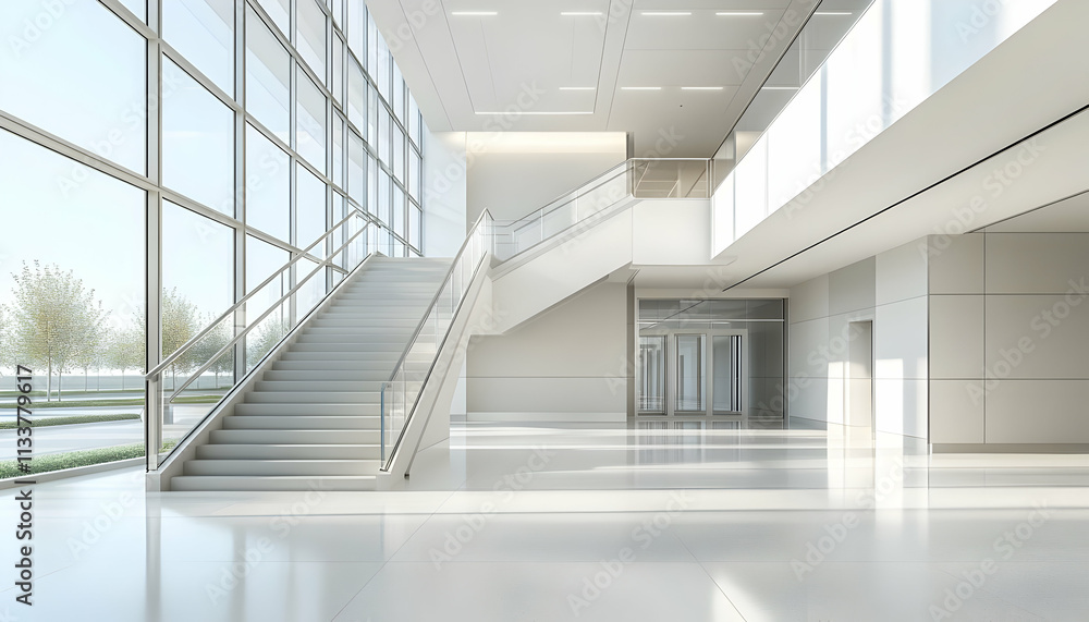 Fototapeta premium Modern interior space with a staircase and large windows, emphasizing light and openness.