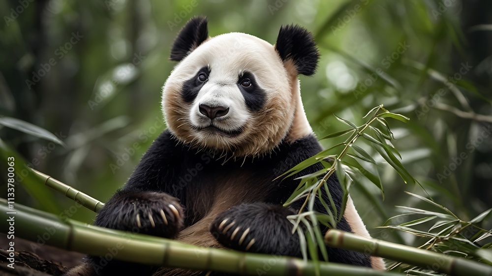 Obraz premium Close-up of a Giant Panda Eating Bamboo in a Natural Green Forest