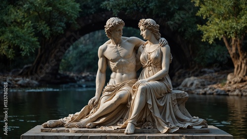 Statue of Orpheus, the god of love, embracing Eurydice with lotus flowers symbolizing life and death at his feet, and the dark river of Hades in the backdrop, carvings depicting his tender yet fateful