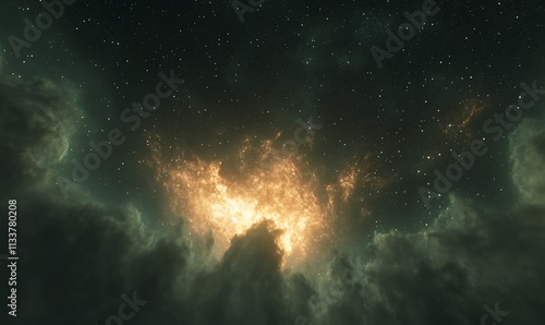 Celestial nebula, vibrant golden core, dark space, starlit clouds. photo