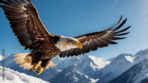 Bald Eagle in Midflight over Snow-Capped Mountain Range - Majestic Wildlife Scene