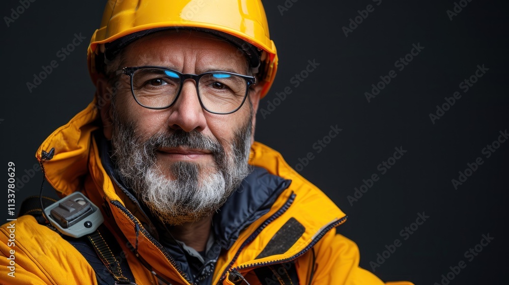 Portrait of a mature man wearing a yellow hard hat and jacket. Portrait of a mature man wearing a yellow hard hat and jacket.