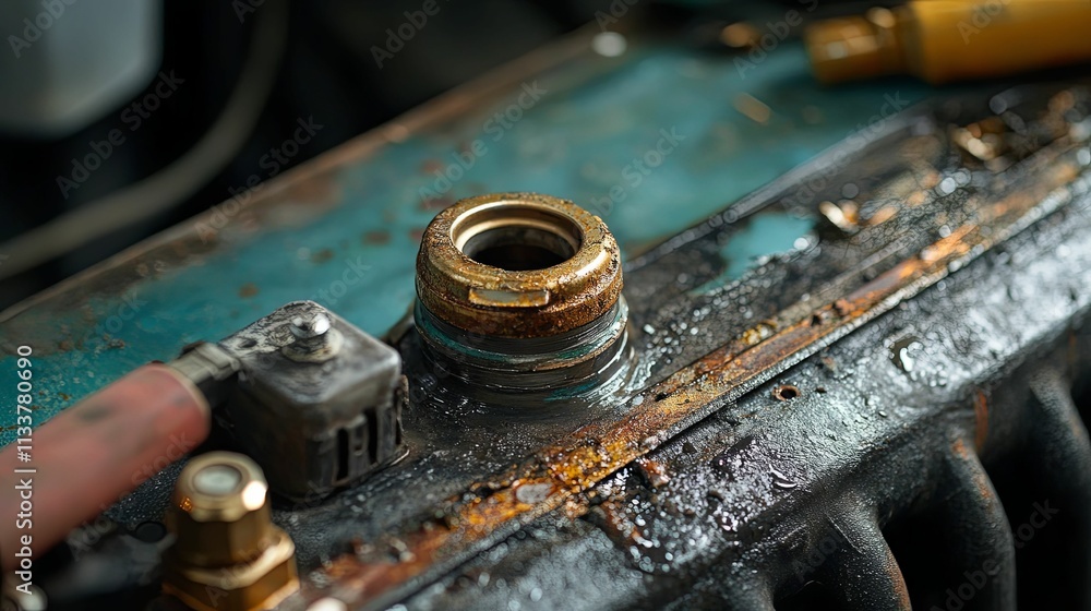 Rusted Engine Component With Brass Fitting Rusted Engine Component With Brass Fitting