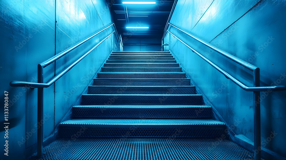 A dimly lit staircase illuminated by blue lights, leading upwards in a metallic environment. A dimly lit staircase illuminated by blue lights, leading upwards in a metallic environment.