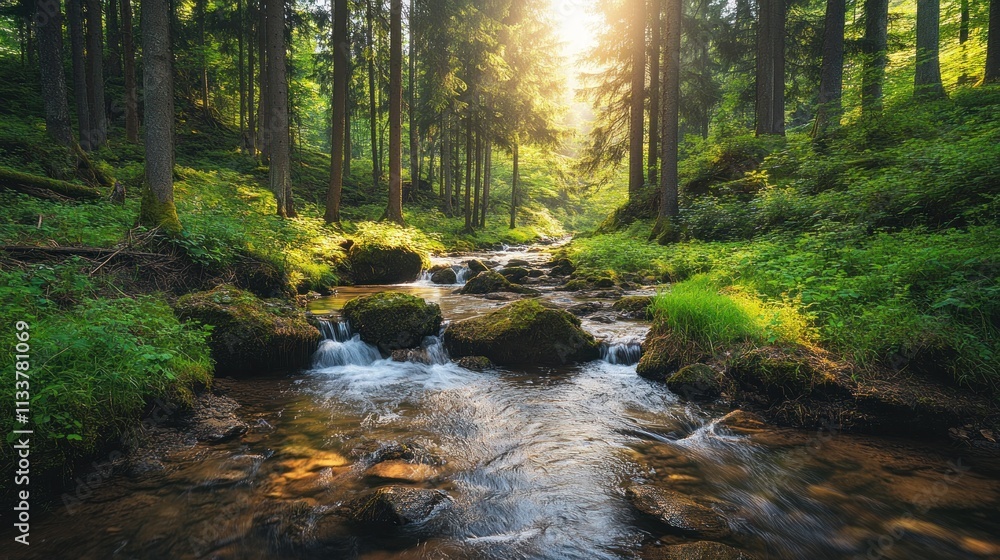 Sun shines over stream in woods. Sun shines over stream in woods.