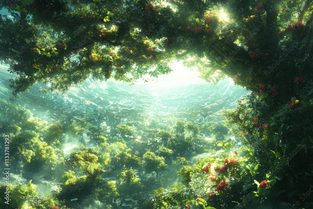 Fototapeta premium Lush Canopy Overlooking Hidden City