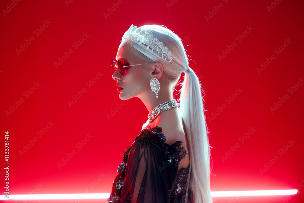 Photo of a pretty female model with white hair wearing a dress on red background with luxury accessories, necklace, earrings and sunglasses Photo of a pretty female model with white hair wearing a dress on red background with luxury accessories, necklace, earrings and sunglasses