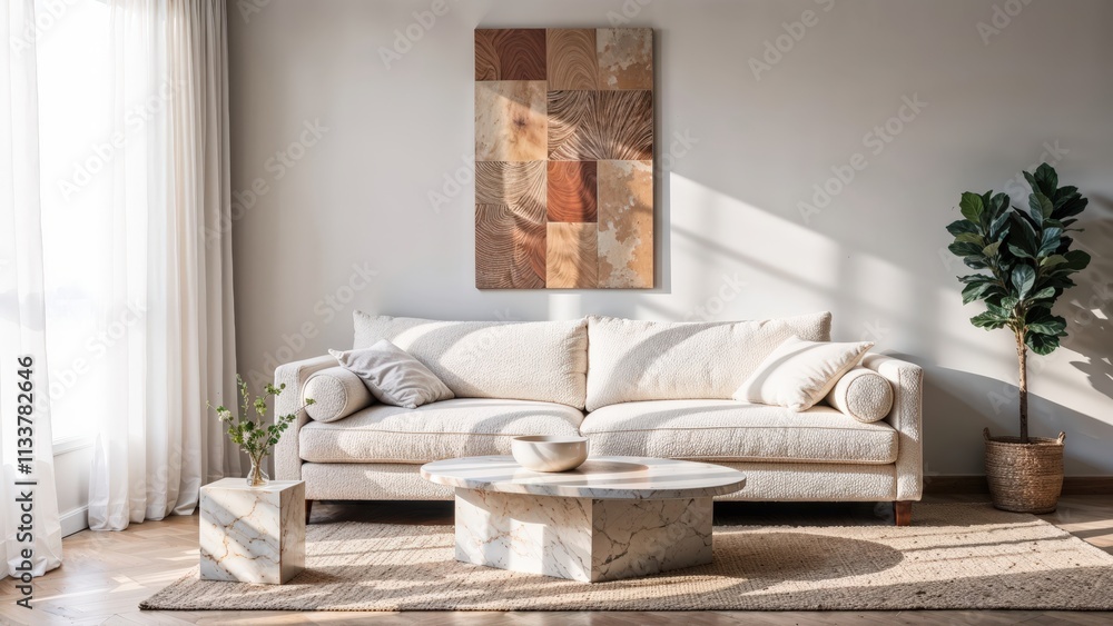 Generative AI, Contemporary living room with textured sofa and neutral tones Generative AI, Contemporary living room with textured sofa and neutral tones